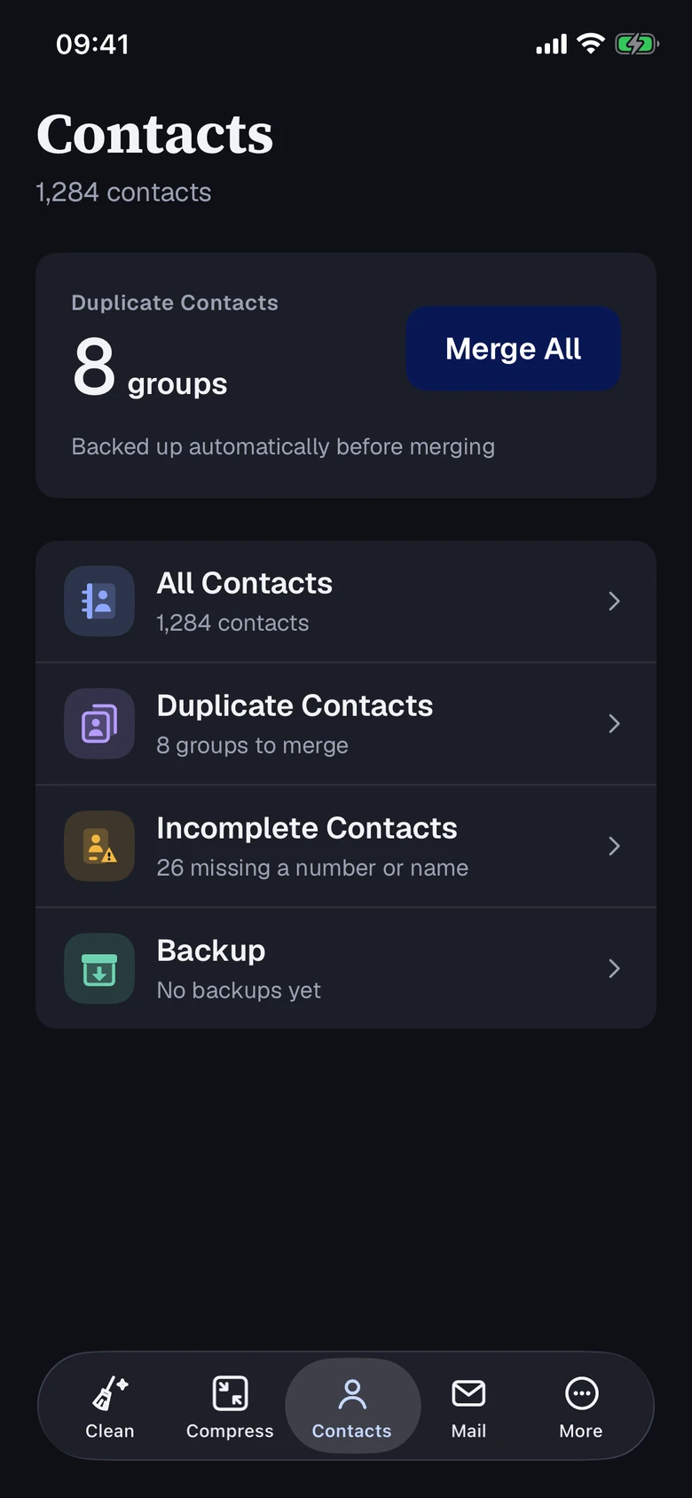 Actual Clean Duo contacts screen: duplicates, incomplete contacts and backups with demo data