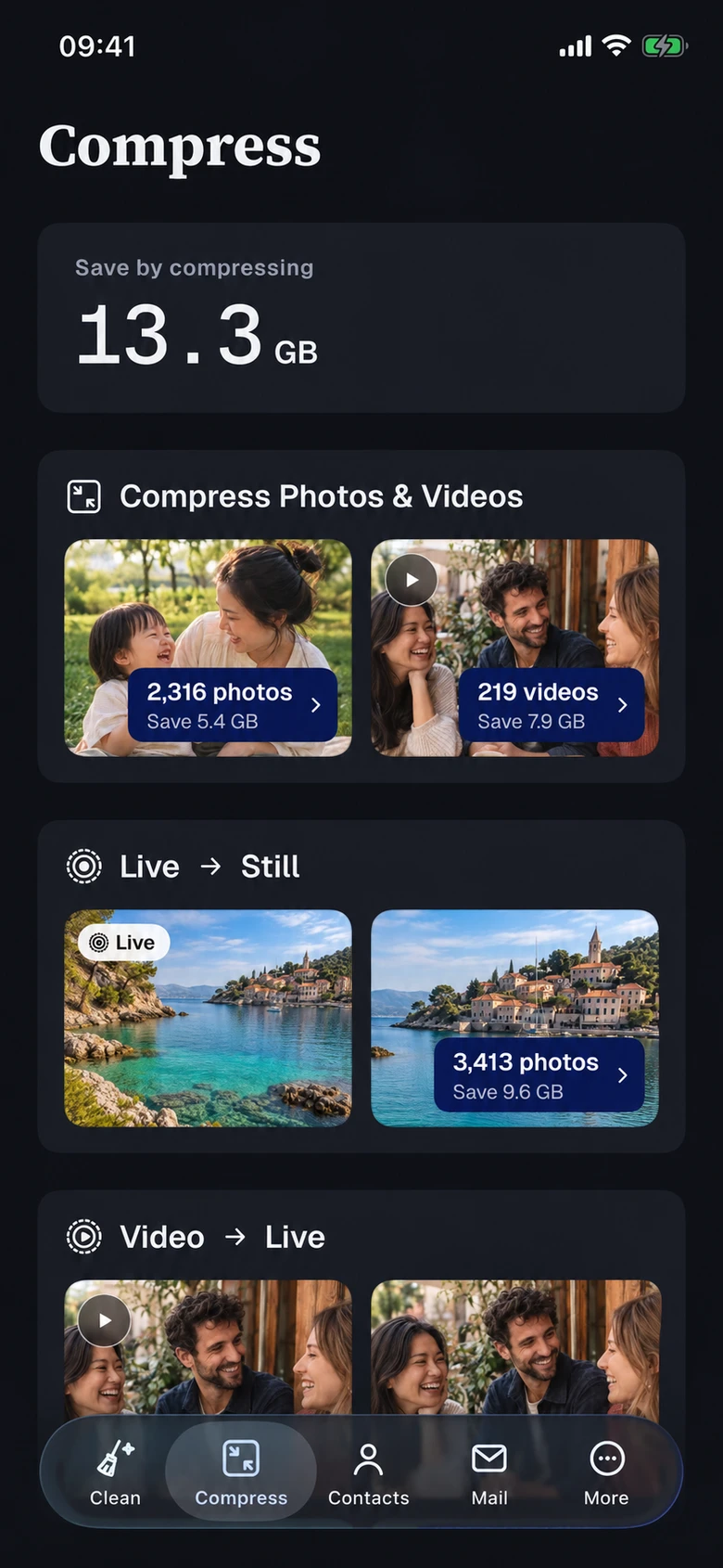 Clean Duo compression showcase: compression and Live Photo conversions with AI-generated demo photos