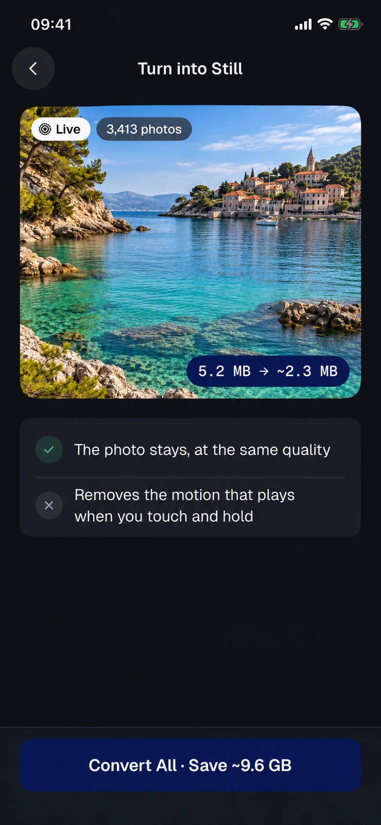 Clean Duo app showcase: Live Photo to still explanation and confirmation screen with AI-generated demo photos