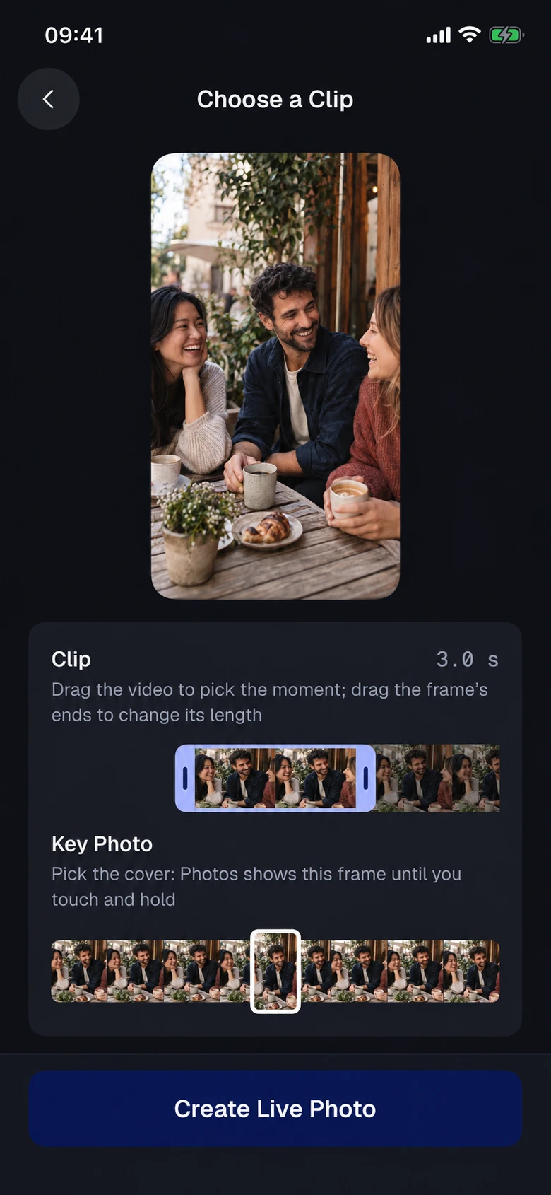 Clean Duo app showcase: video-to-Live-Photo clip and key frame editor with AI-generated demo photos