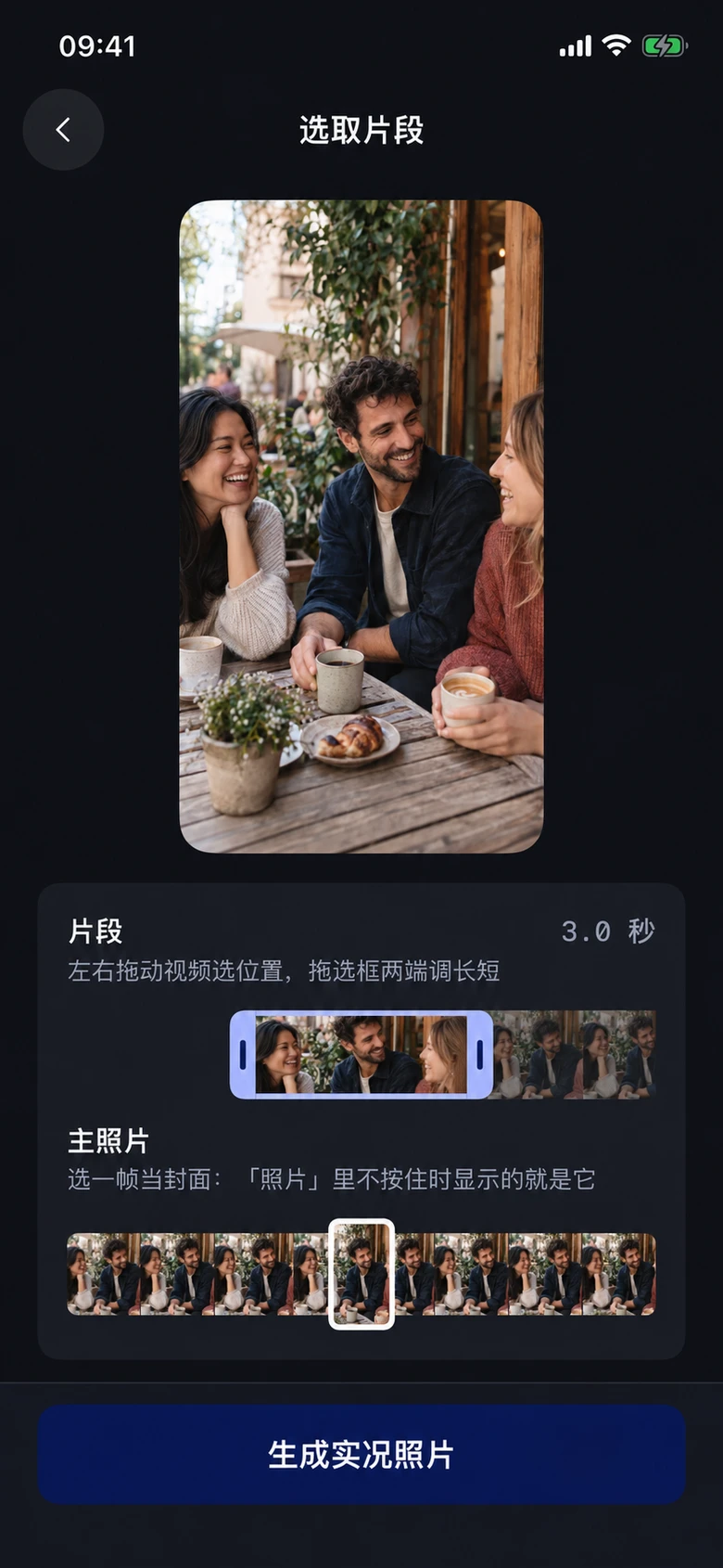 Clean Duo App 界面展示图：视频转实况的片段与封面编辑器，配有 AI 生成的演示照片